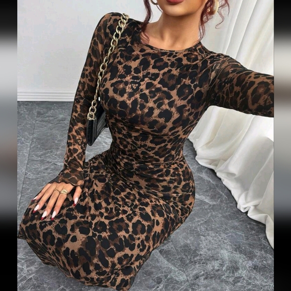 Women Elegant Leopard Print Fitted Mesh Sheer Long Sleeve Dress - Picture 3 of 4